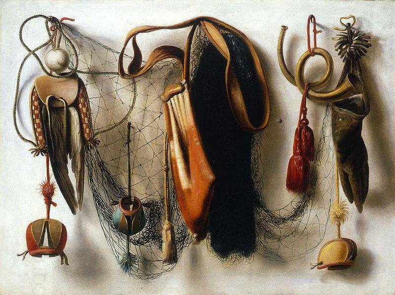 Christoffel Pierson A Trompe l'Oeil of Hawking Equipment, including a Glove, a Net and Falconry Hoods, hanging on a Wall. China oil painting art